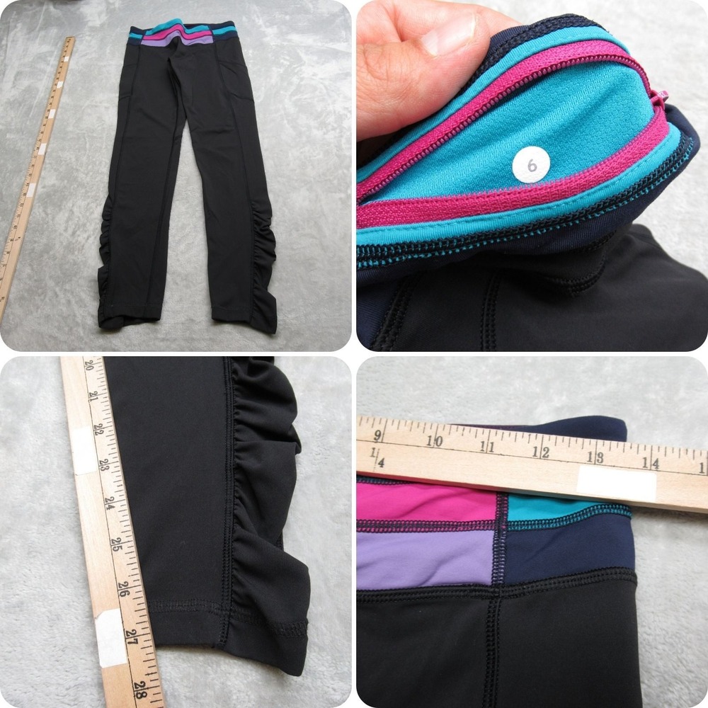 Lululemon Leggings Womens 6 Black Pink Drawcord Ankle Ruched Legs 5 Pocket 27X27